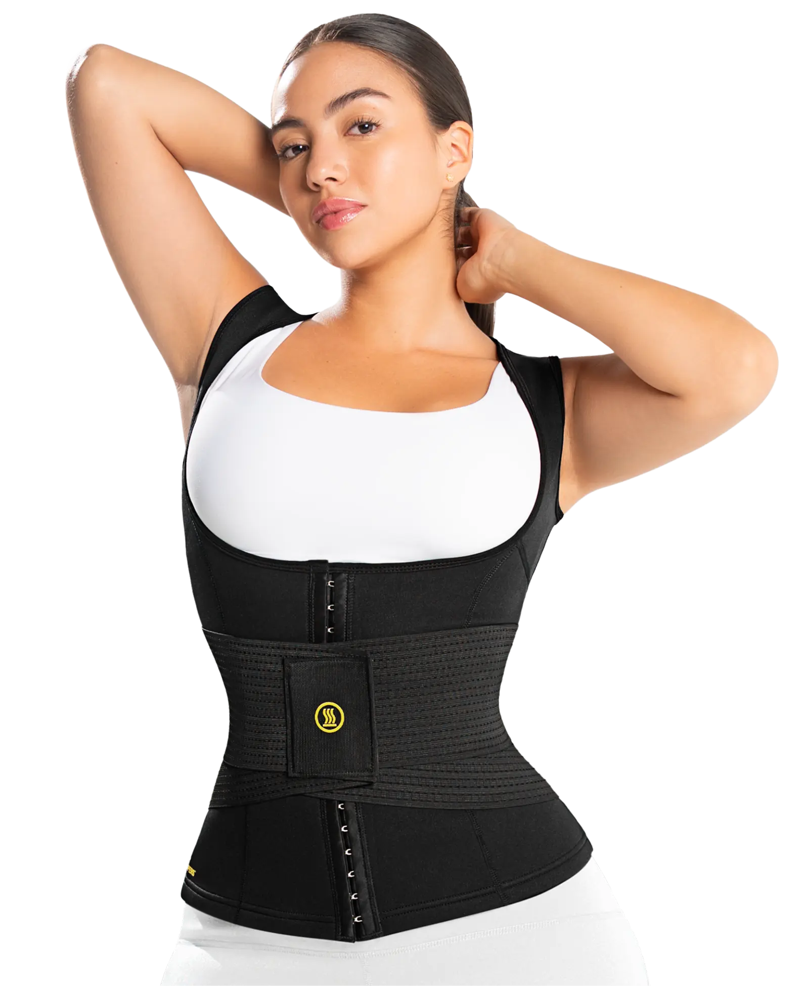 Resultados comprobados | Hot shapers Mujer usando faja Hot Shapers junto a porcentajes de resultados comprobados de reducción y tonificación