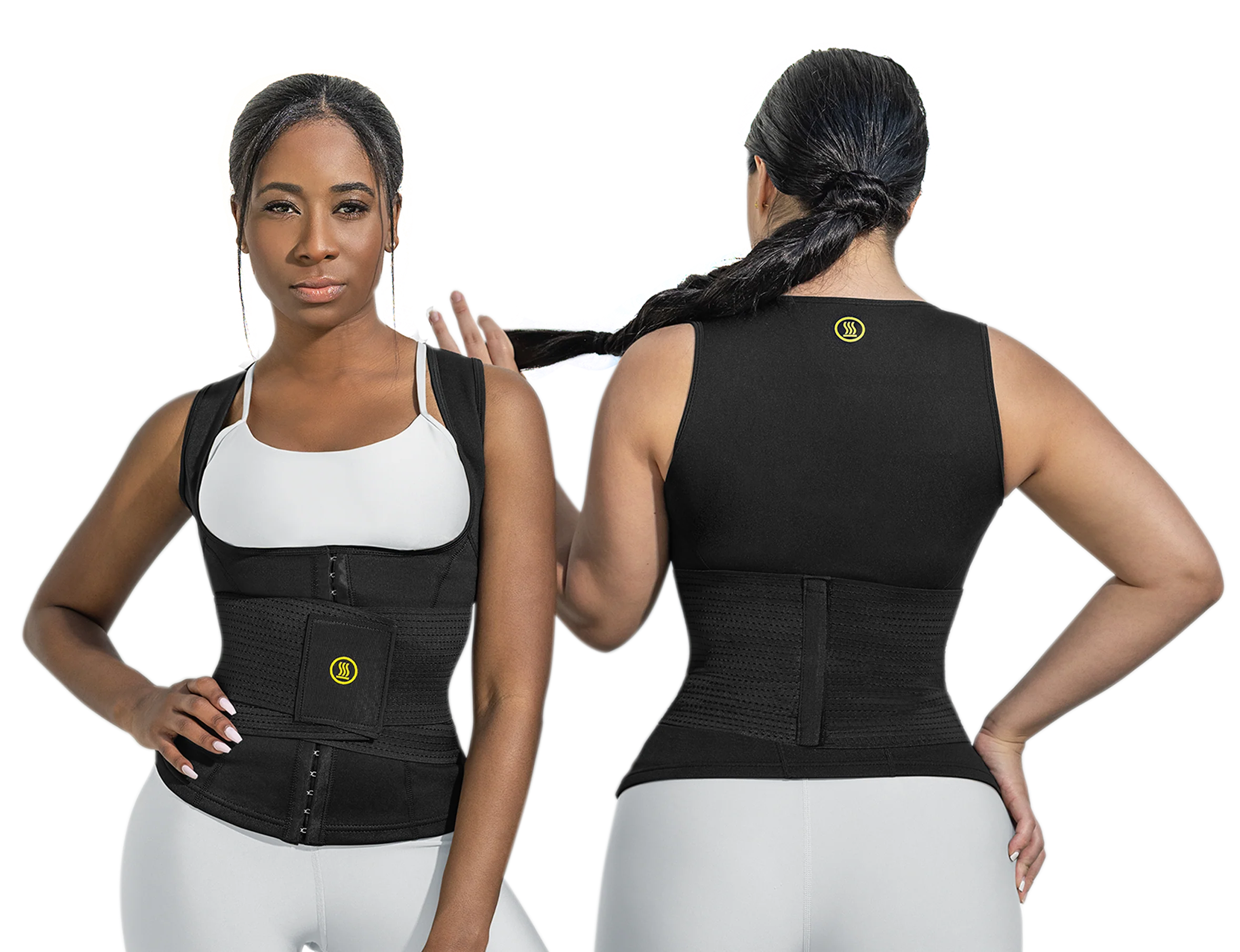 Guia de tallas | Hot shapers Dos mujeres usando chaleco Hot Shapers con compresión en abdomen y espalda, vista frontal y posterior.